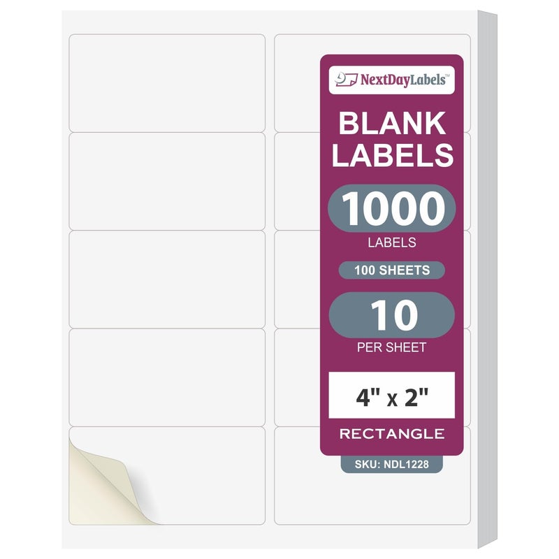 NextDayLabels â€“ 4â€ x 2â€ Rectangular Sticker Labels for Printer - White Laser/Inkjet Printer Labels Return Address Labels Shipping Label Stickers (100 Sheets, 10 Per Sheet, 1000 Labels) - Image 1